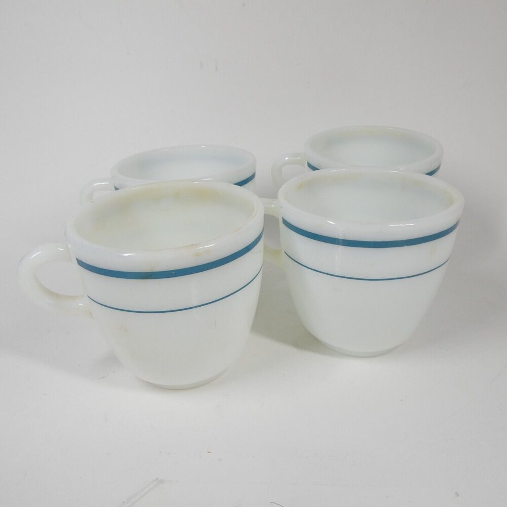 Anchor Hocking Anchorware 4 Teal Blue Stripe Coffee Mugs 910 Cups Vtg Milk Glass - Picture 7 of 14